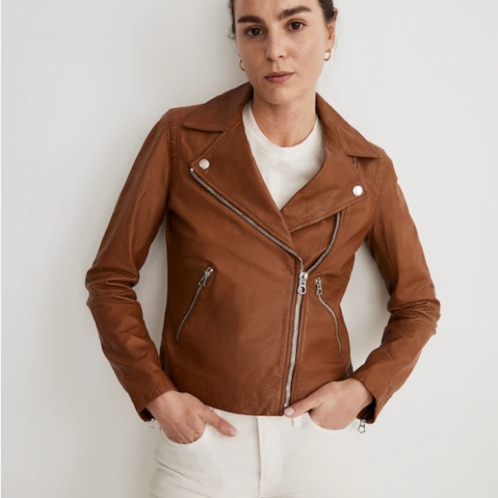 Madewell Washed Leather Motorcycle Jacket in Cedar (S) Like New